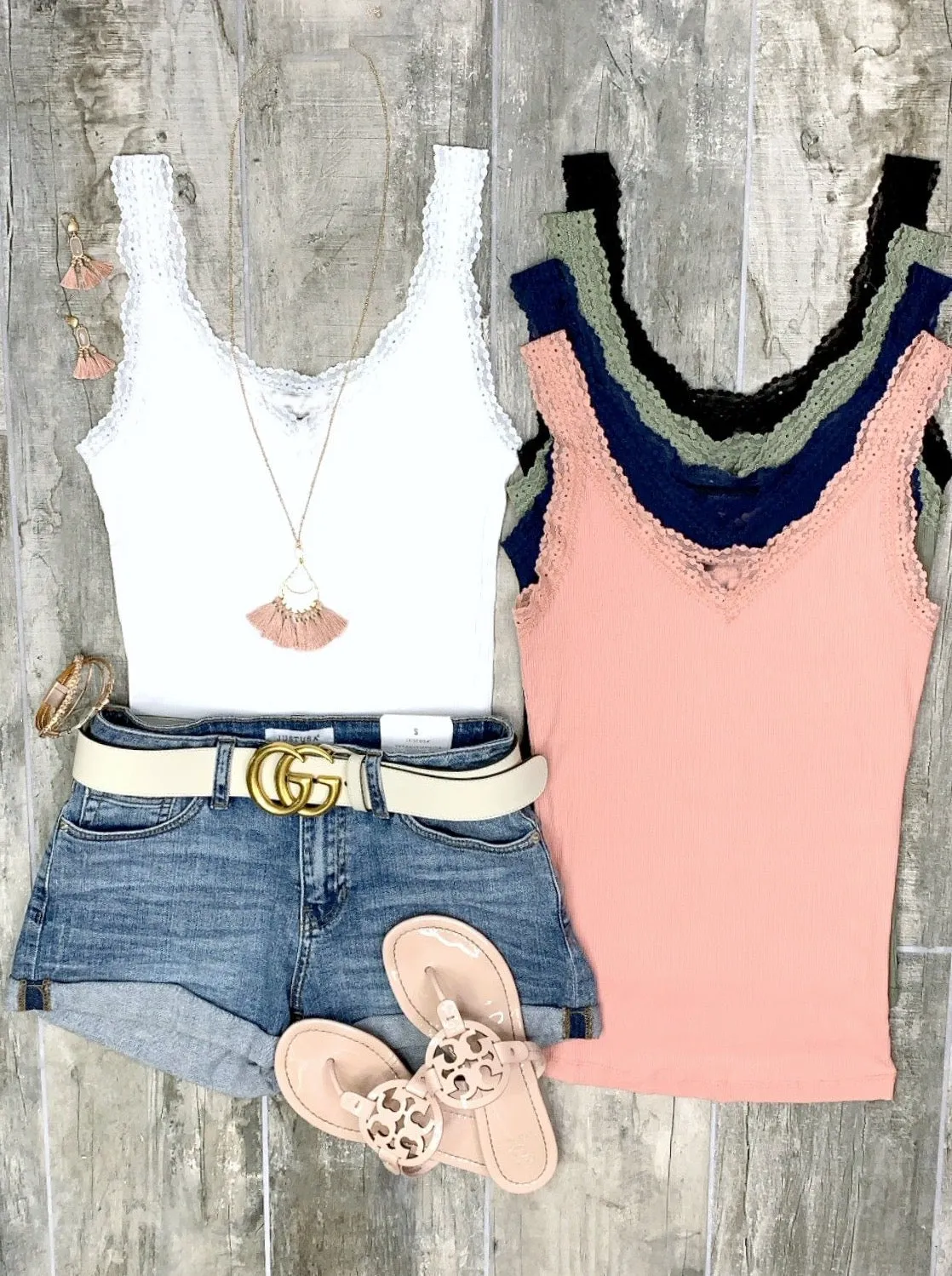 Lace Ribbed V-Neck Tank