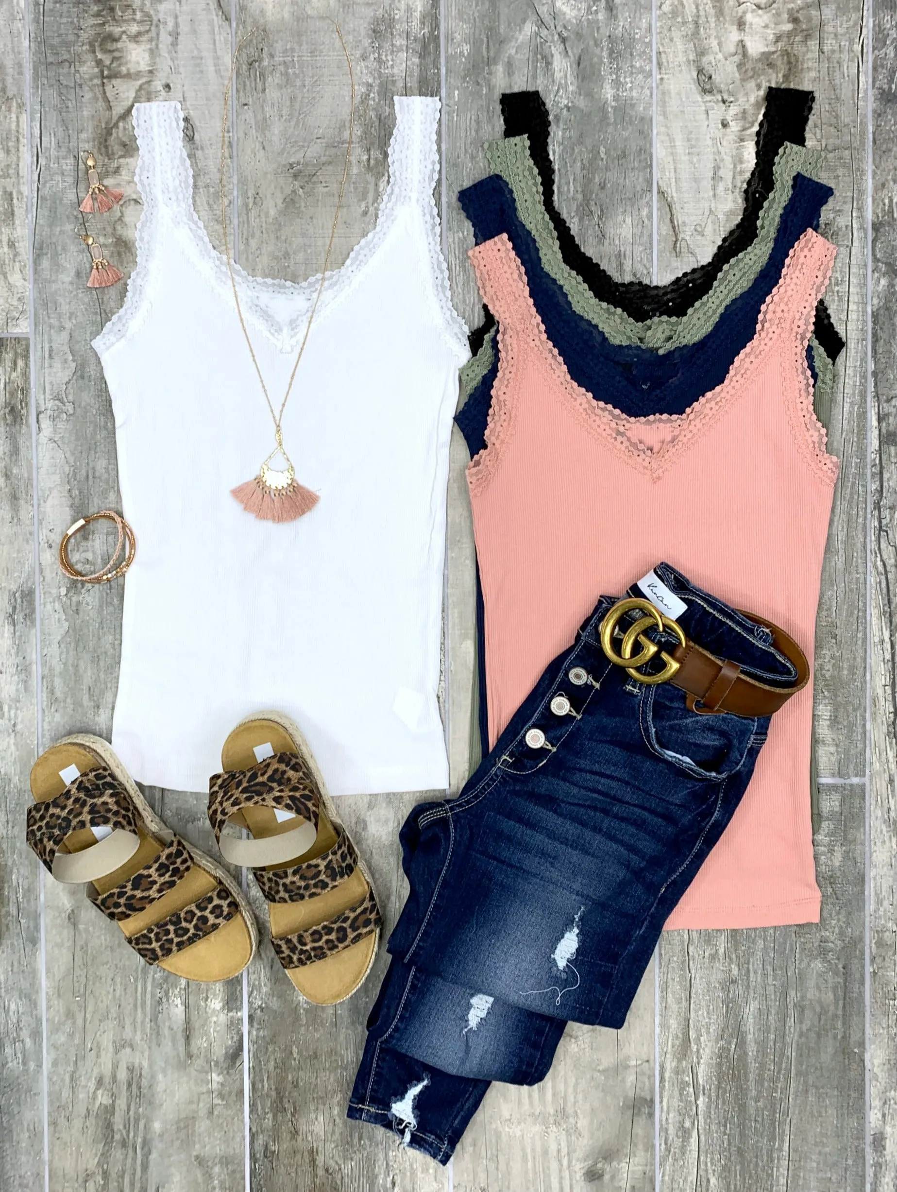 Lace Ribbed V-Neck Tank