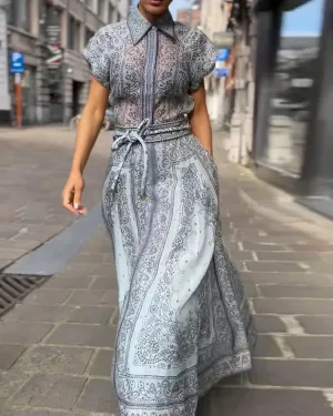 LAPEL CASHEW FLOWER PRINT WAIST TIE TWO-PIECE SET