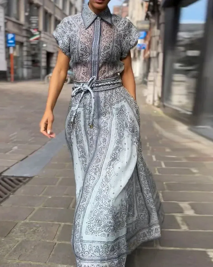 LAPEL CASHEW FLOWER PRINT WAIST TIE TWO-PIECE SET