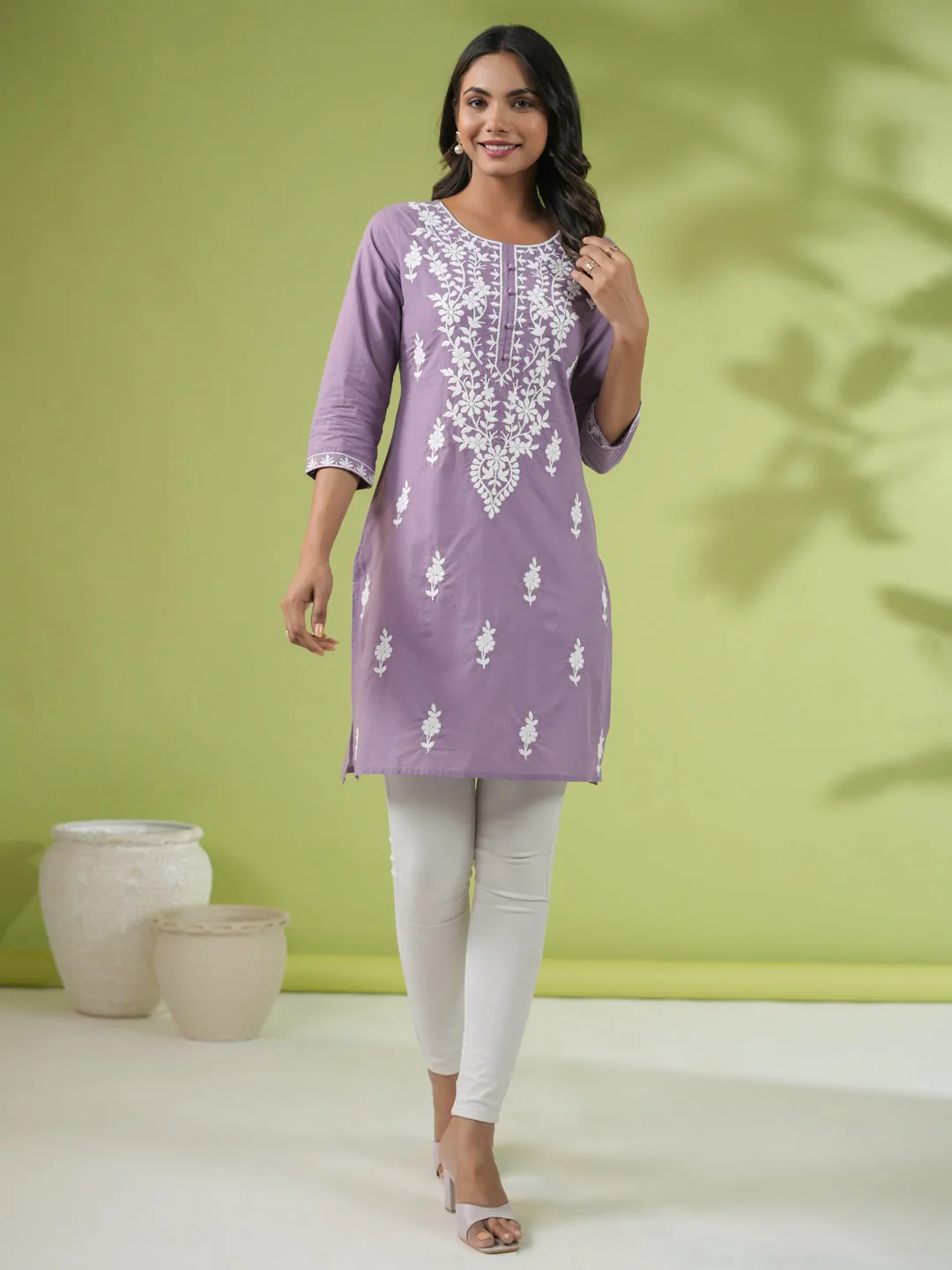 Lavender Cotton Embroidered Tunic  - By Janasya