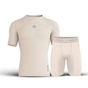 Men's Beige Short Sleeve Baselayer Compression Shirt & Shorts Set