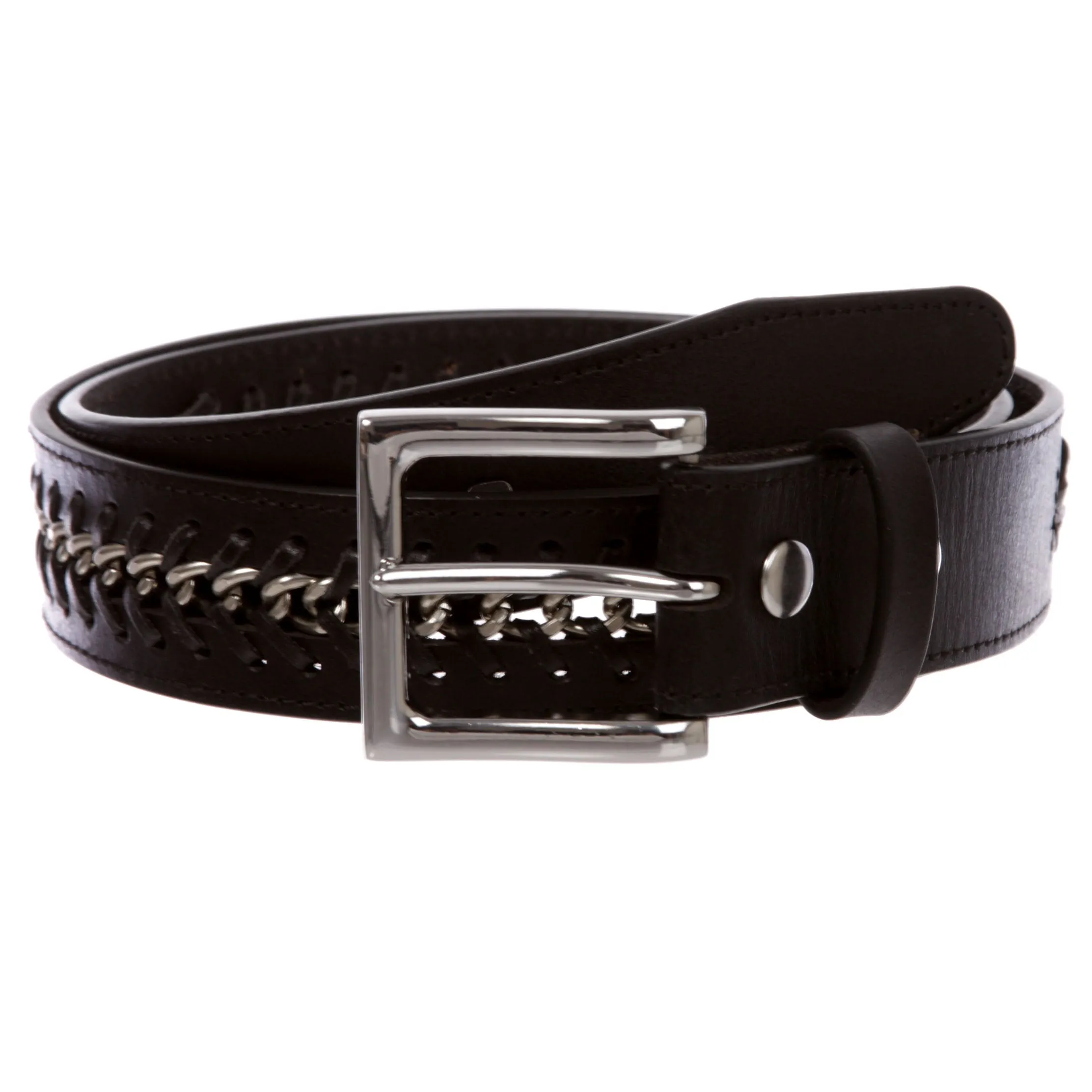 Men's Metal Chain Snap On Oil Tanned Stitch Edge Leather Belt