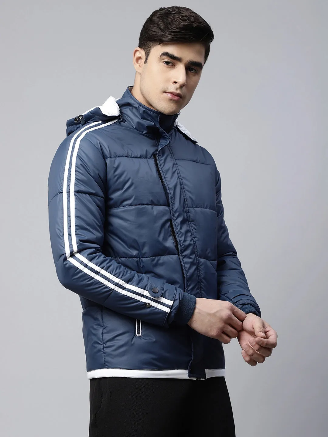 Mens Navy Blue Detachable Hood Puffer Jacket