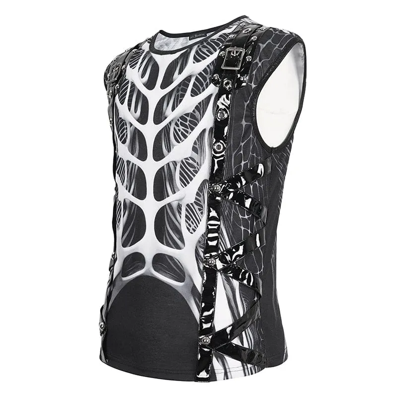 Men's Punk Skeleton Patent Leather Splice Tank Top