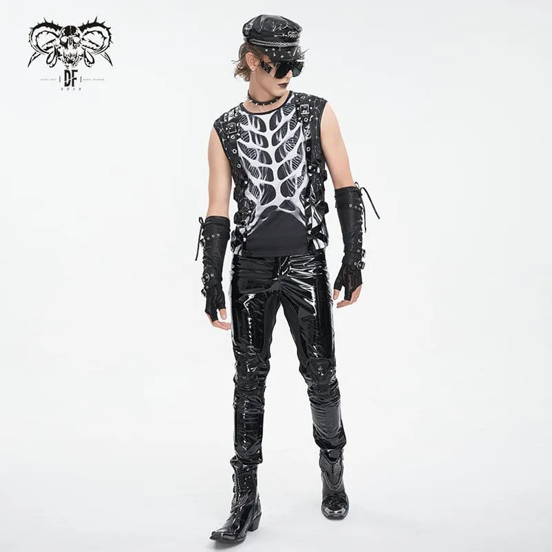 Men's Punk Skeleton Patent Leather Splice Tank Top