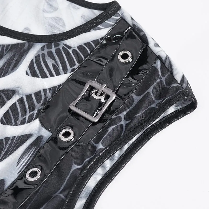 Men's Punk Skeleton Patent Leather Splice Tank Top