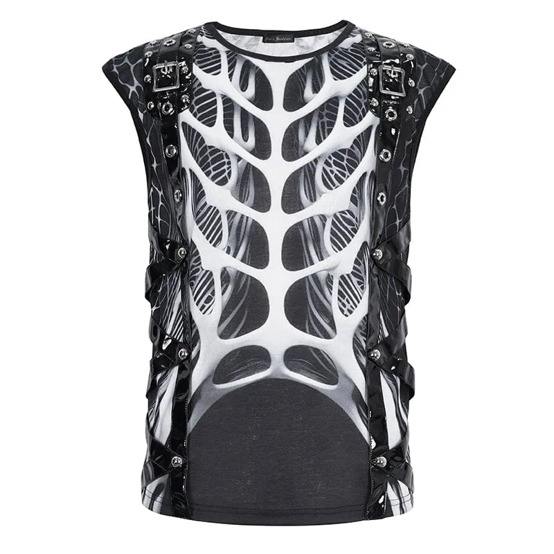 Men's Punk Skeleton Patent Leather Splice Tank Top