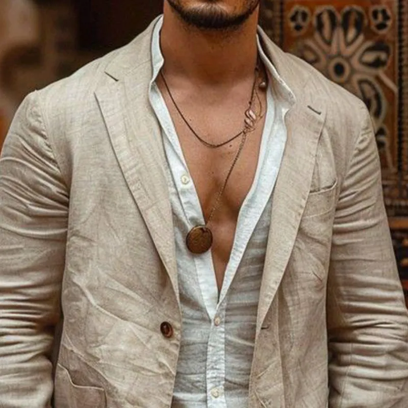 Men's Vintage Casual Single Breasted Linen Blazer 87471396K