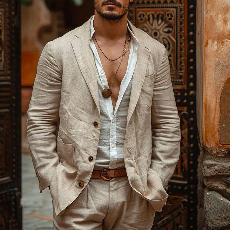 Men's Vintage Casual Single Breasted Linen Blazer 87471396K