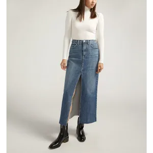 Mid Blue Front Slit Maxi Denim Skirt