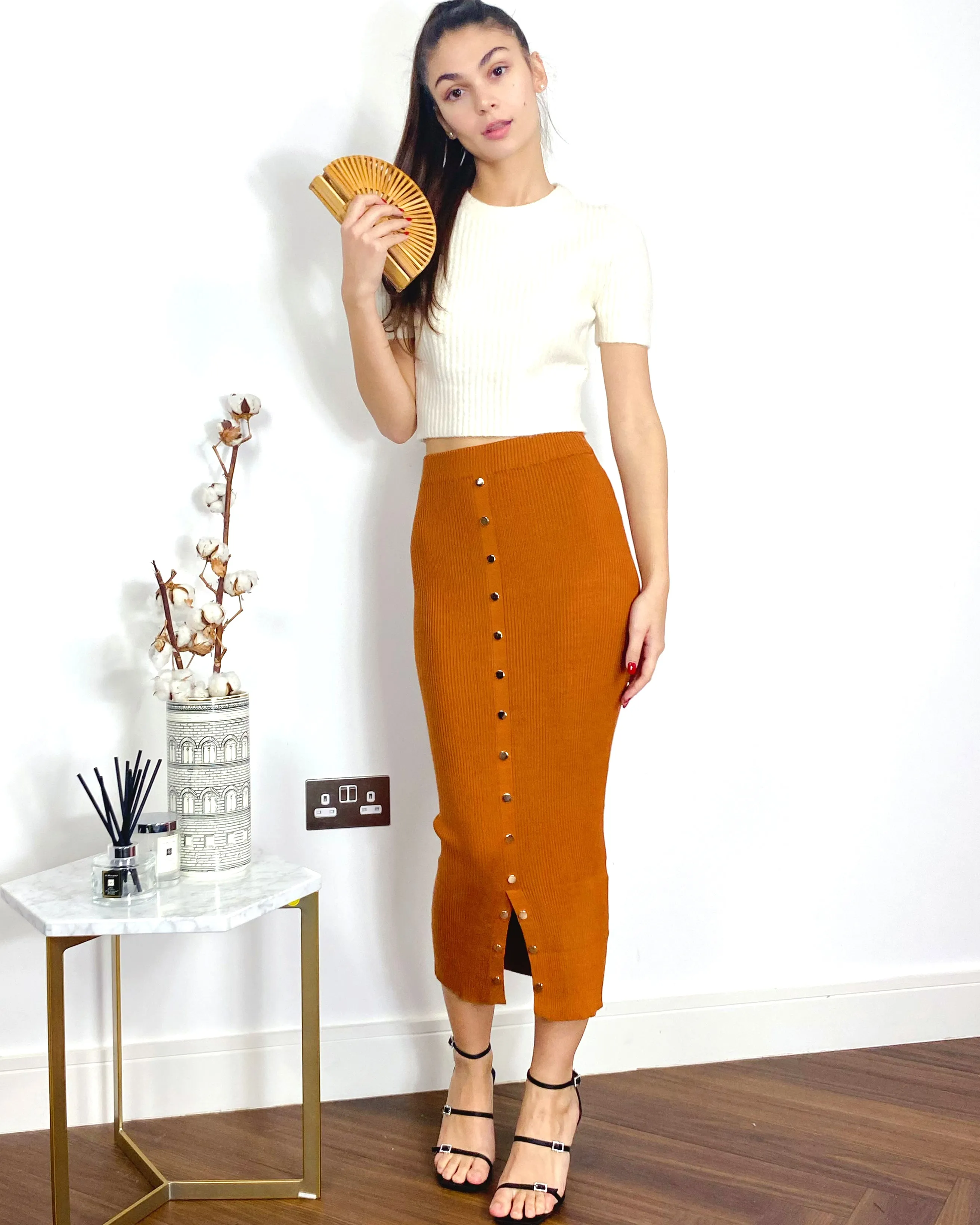 Midi Pencil Skirt in Fine Knit bodycon style in Rusty Brown