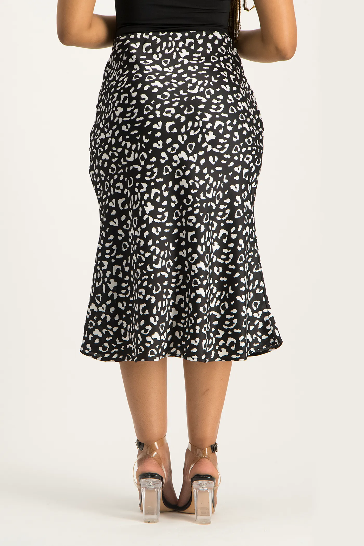 Natalie Satin Midi Skirt - Black Animal Print
