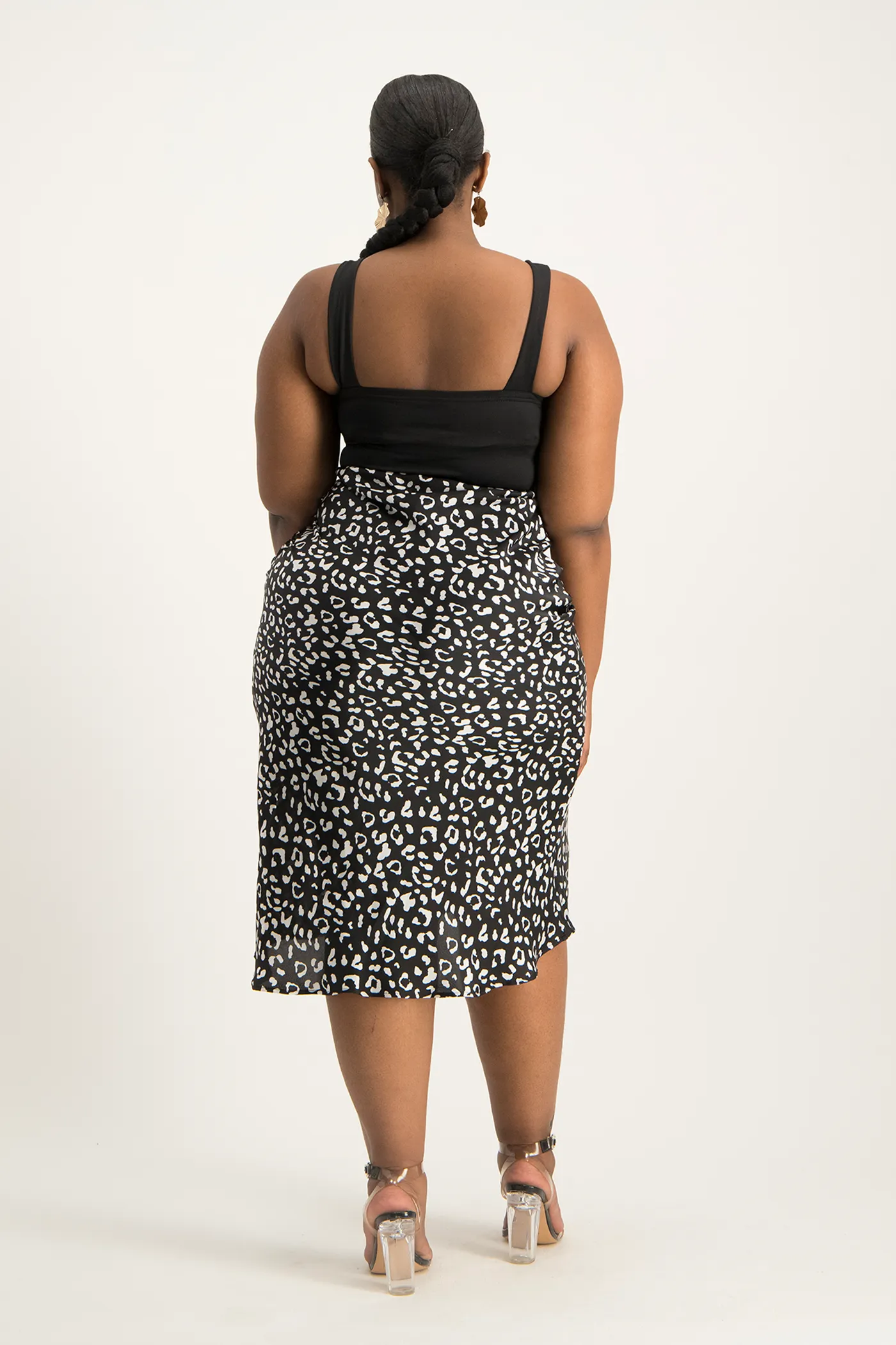 Natalie Satin Midi Skirt - Black Animal Print