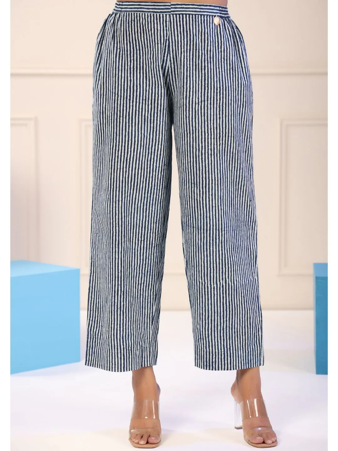 Nazneem Indigo Blue Striped Straight Pants