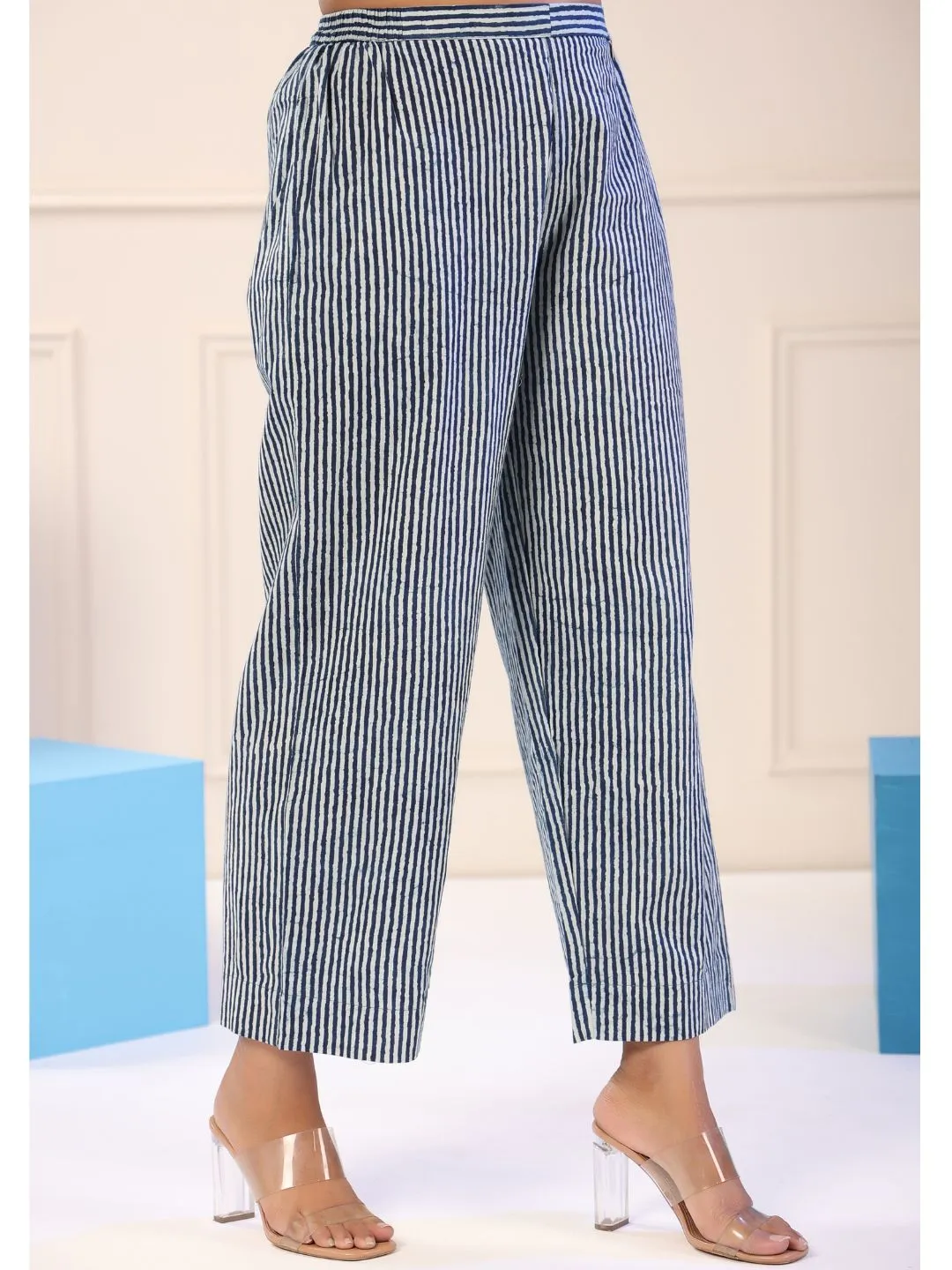 Nazneem Indigo Blue Striped Straight Pants