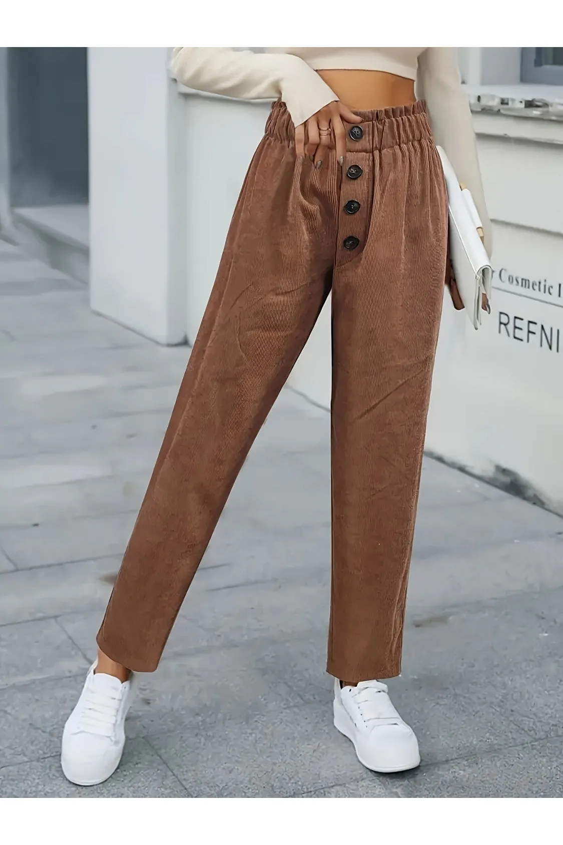 NicholesGifts Women Decorative Button High Waist Pants