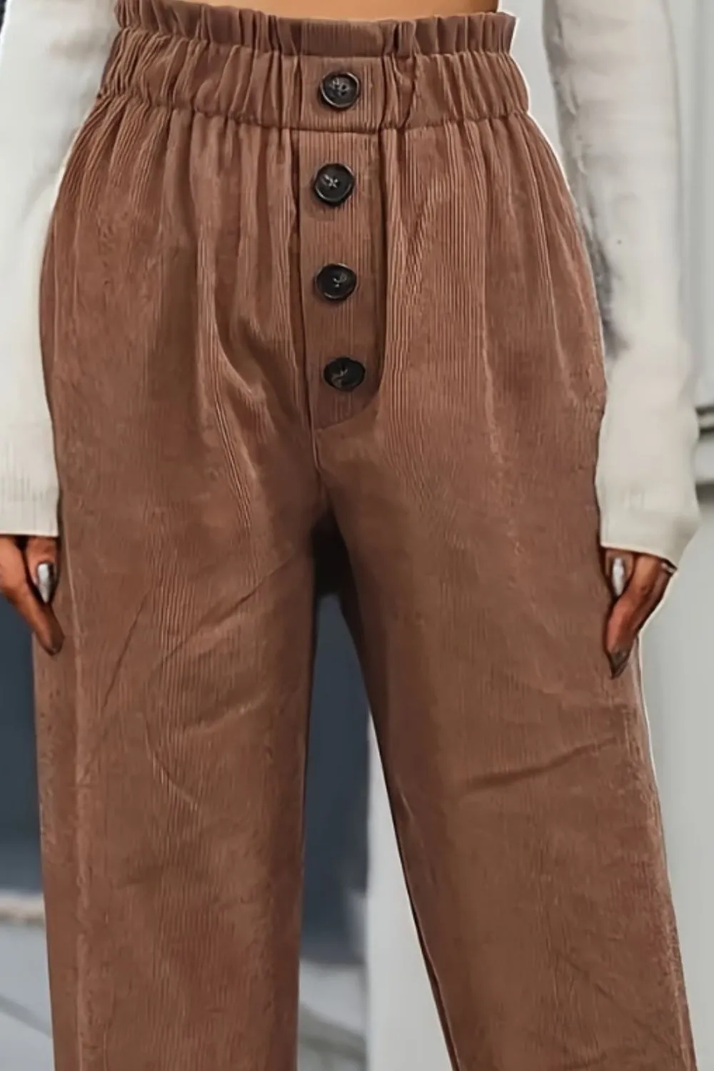 NicholesGifts Women Decorative Button High Waist Pants