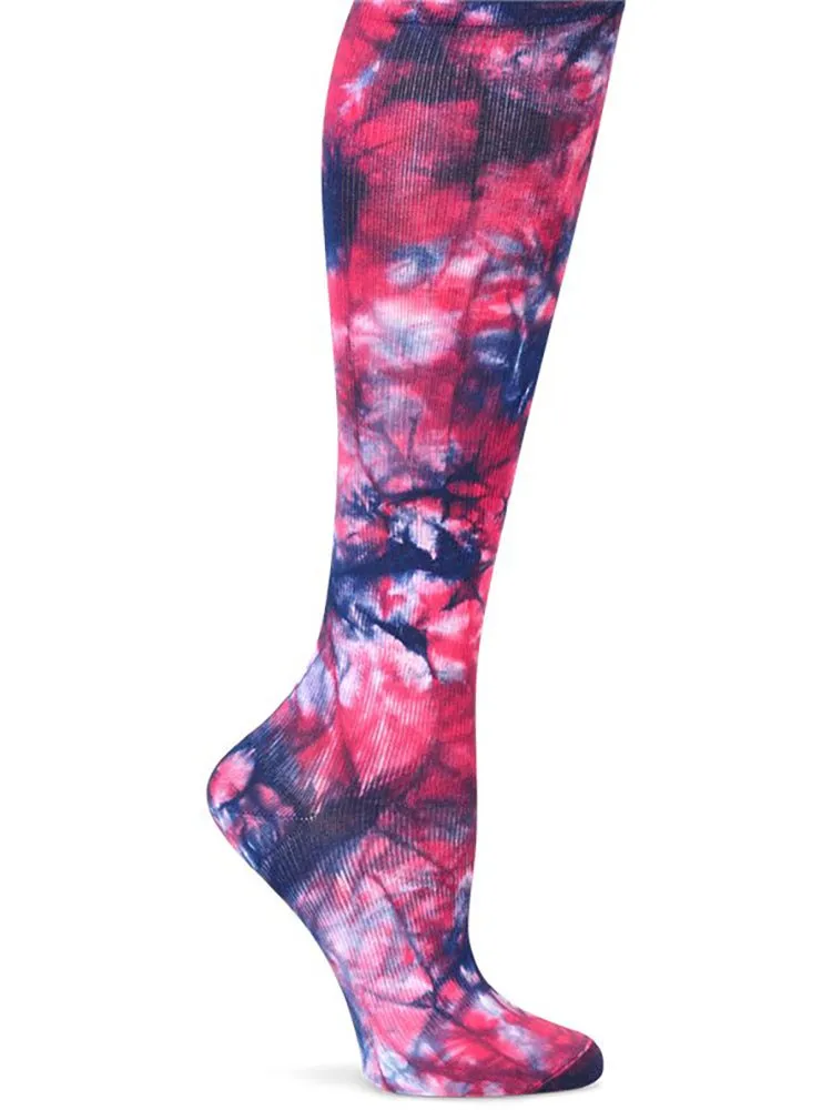 NurseMates Women's Wide Calf Compression Socks | Tie Dye Navy/Magenta