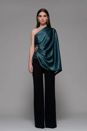 One-Shoulder Draped Blouse with Flared Pants