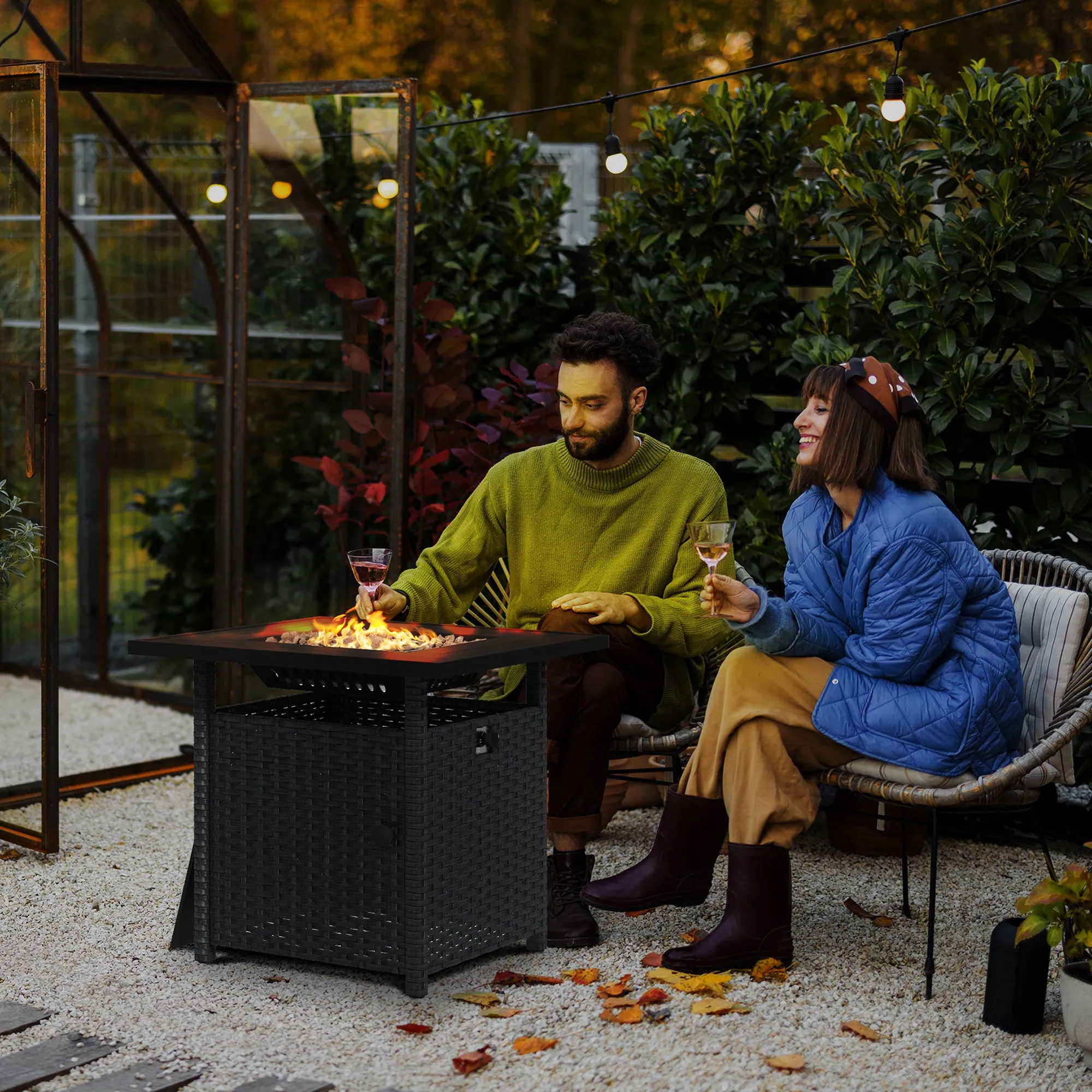 Outdoor PE Rattan Fire Pits for Garden, 50,000 BTU Propane Fire Pit Table with Glass Wind Guard, Black