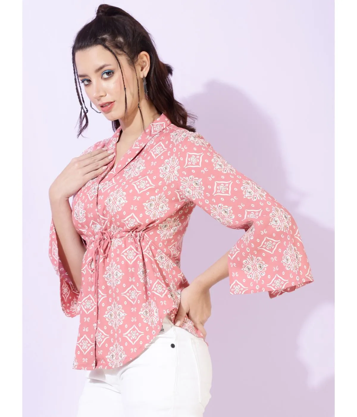 Pink Printed Bell Sleeves Tunic Top