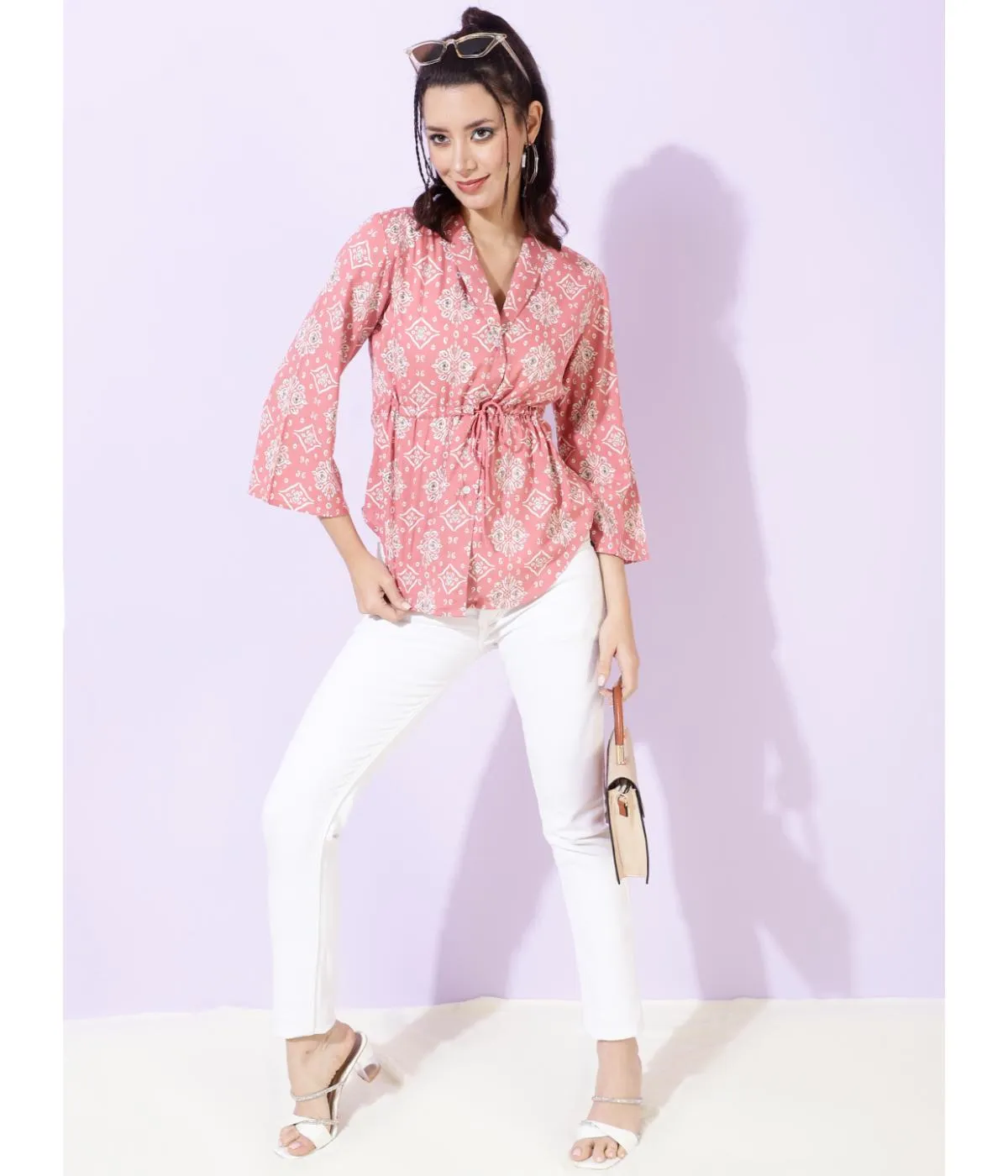 Pink Printed Bell Sleeves Tunic Top