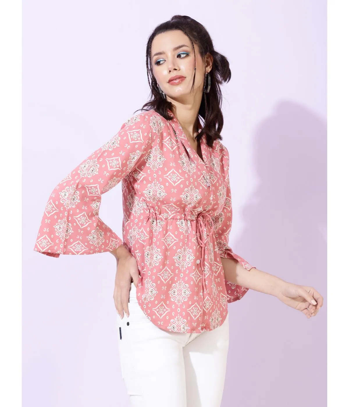 Pink Printed Bell Sleeves Tunic Top