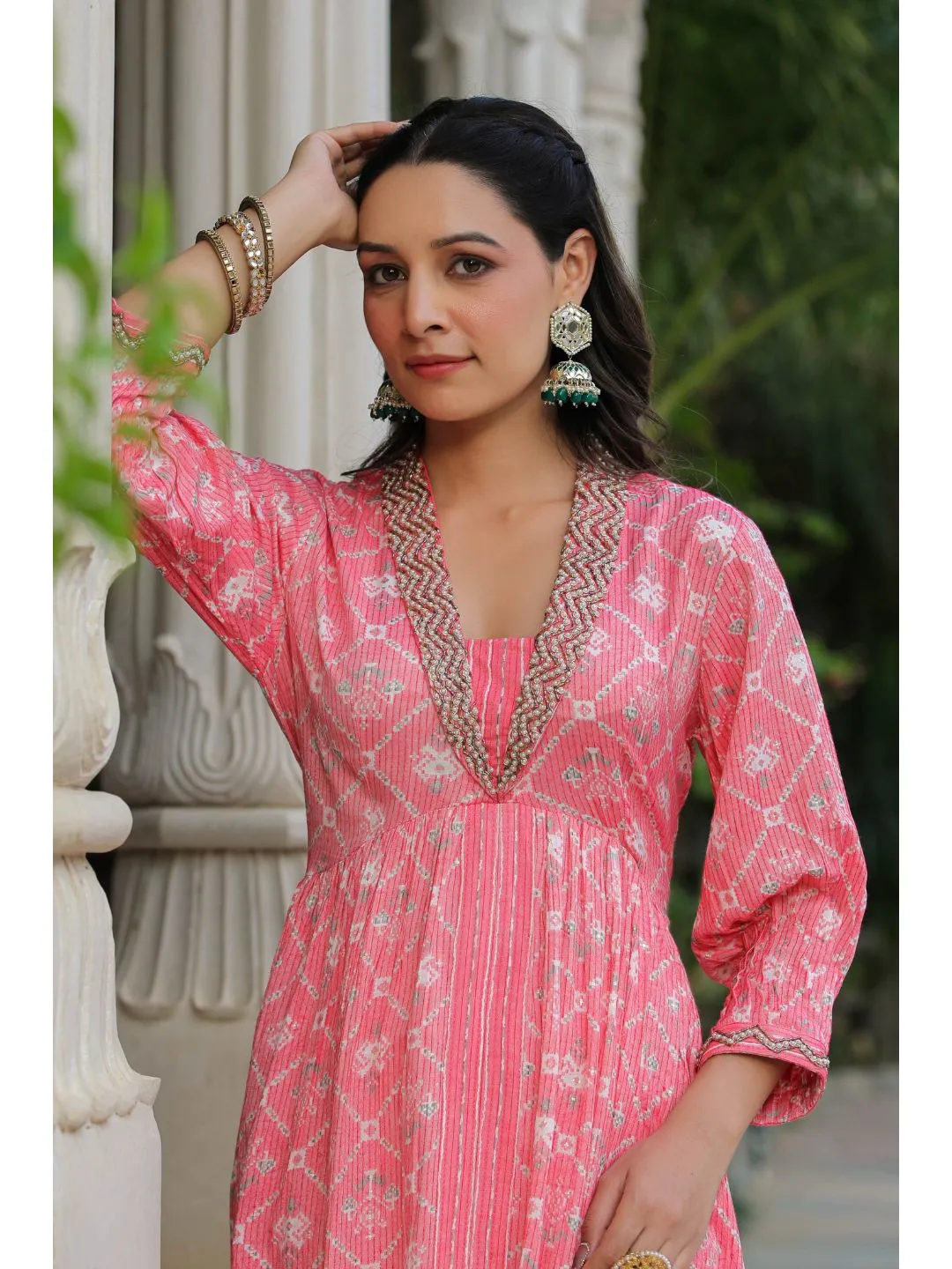 Pink Printed Muslin Kota Anarkali Suit Set