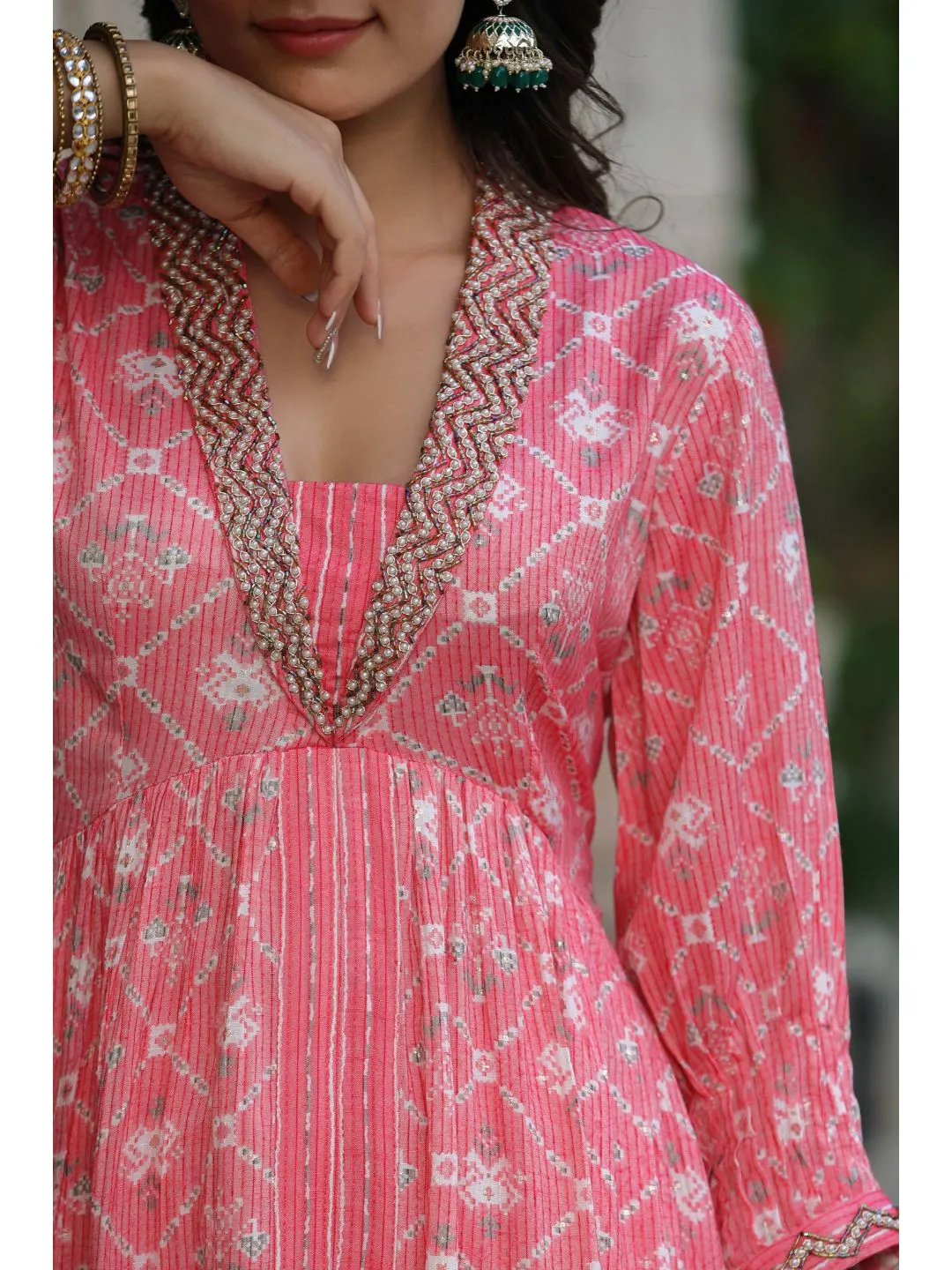 Pink Printed Muslin Kota Anarkali Suit Set