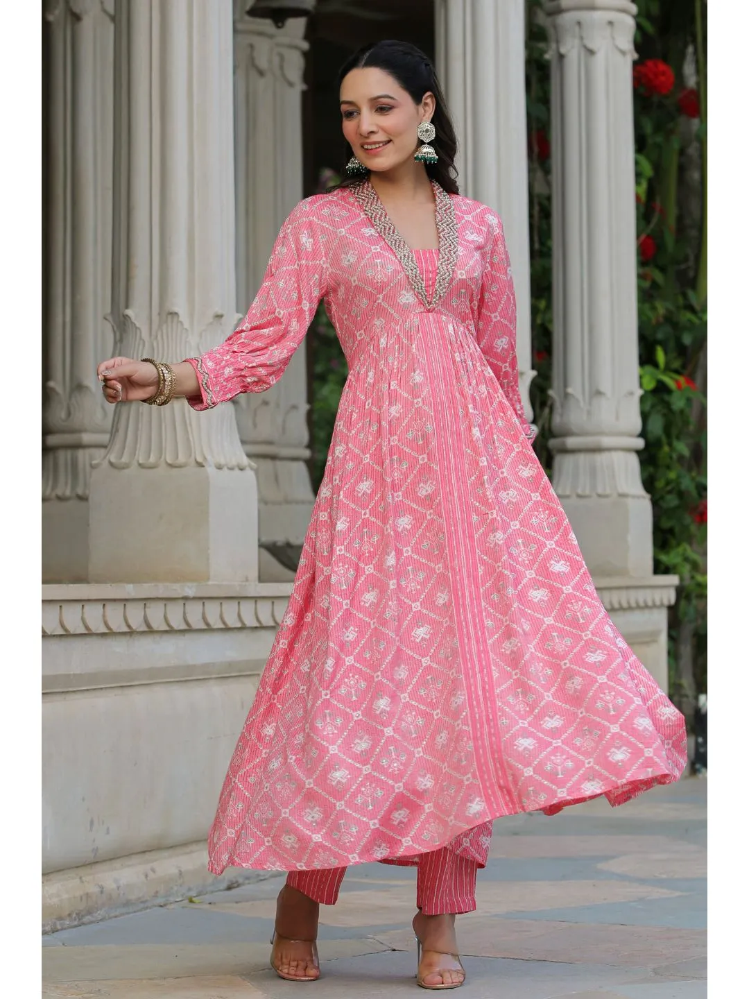 Pink Printed Muslin Kota Anarkali Suit Set