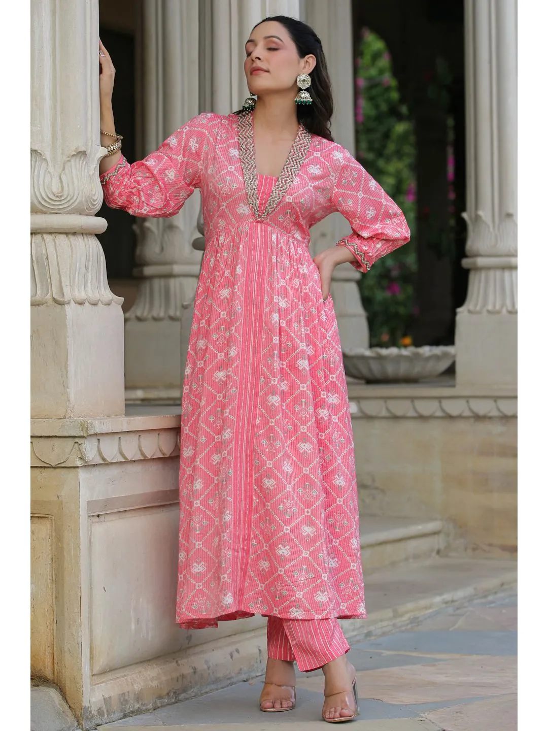 Pink Printed Muslin Kota Anarkali Suit Set