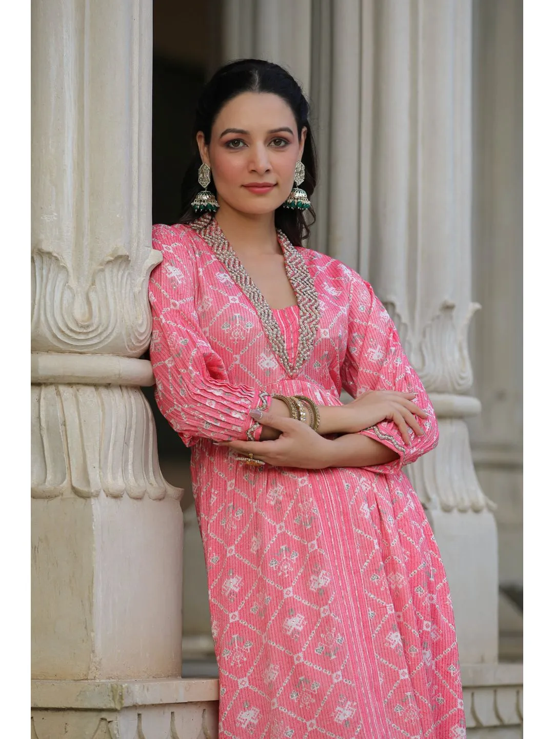 Pink Printed Muslin Kota Anarkali Suit Set