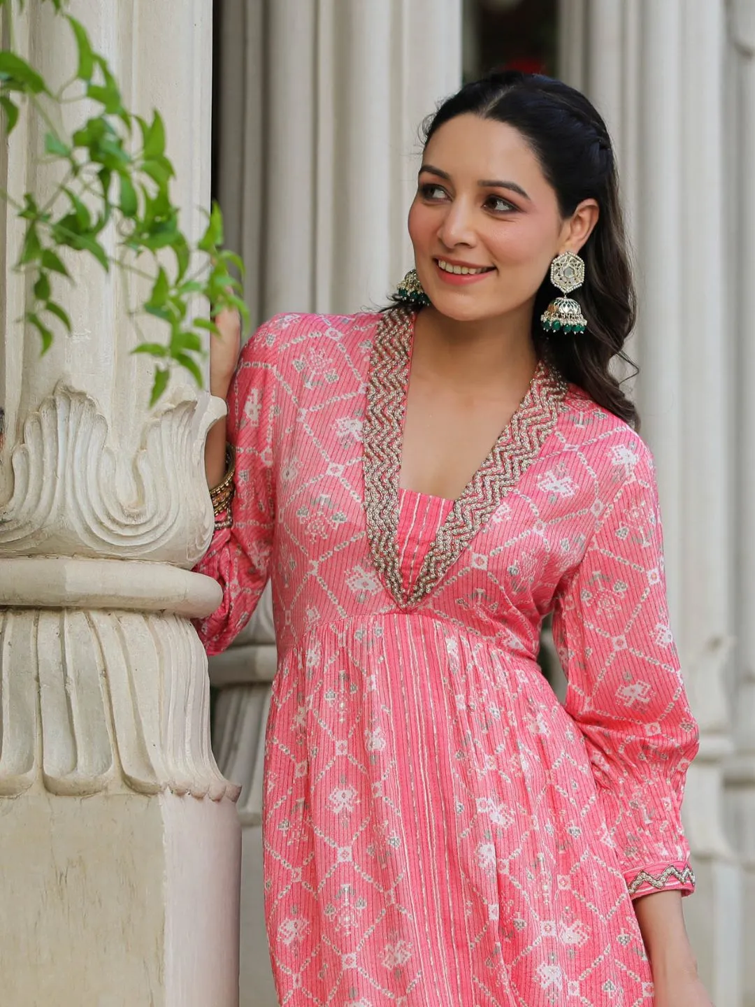 Pink Printed Muslin Kota Anarkali Suit Set