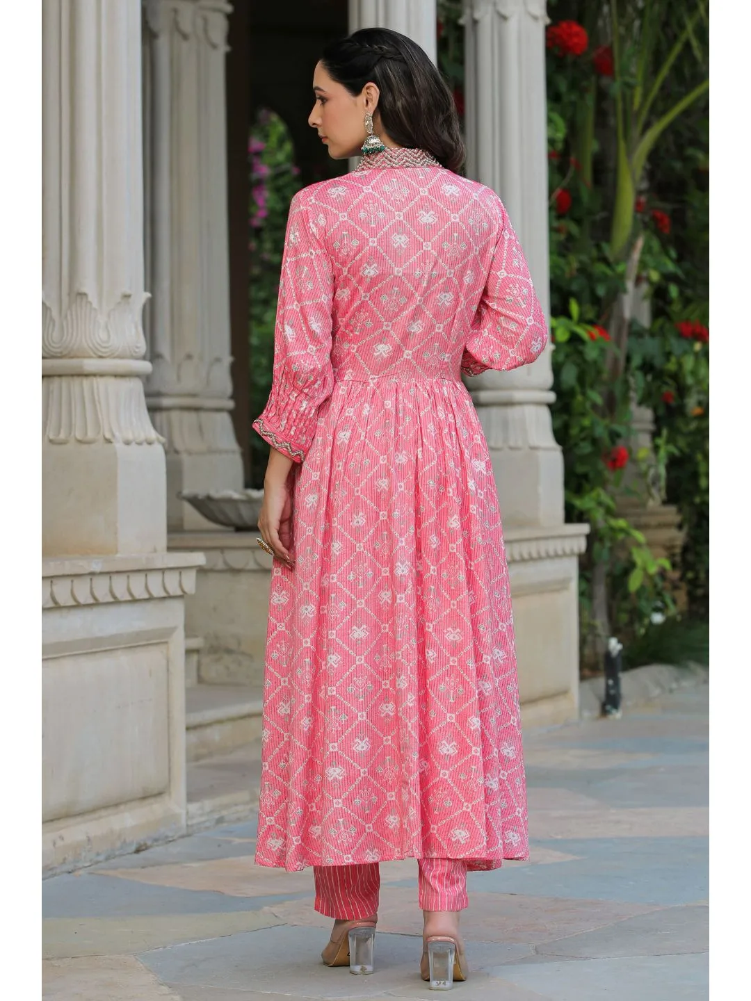 Pink Printed Muslin Kota Anarkali Suit Set