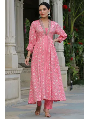 Pink Printed Muslin Kota Anarkali Suit Set
