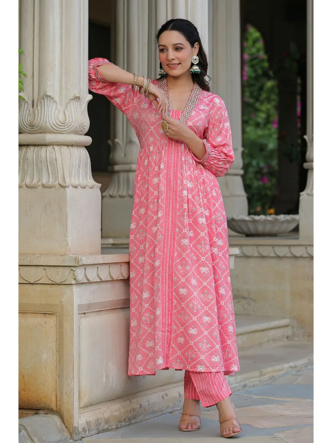 Pink Printed Muslin Kota Anarkali Suit Set