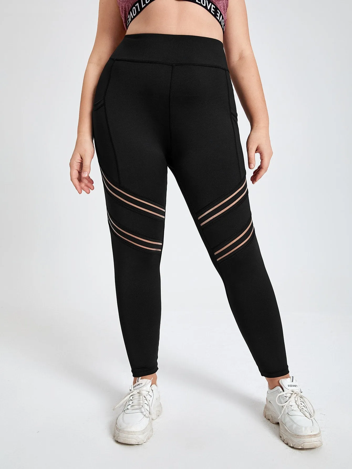 Plain Pocket High Waist Cropped Plus Size Sports Pants