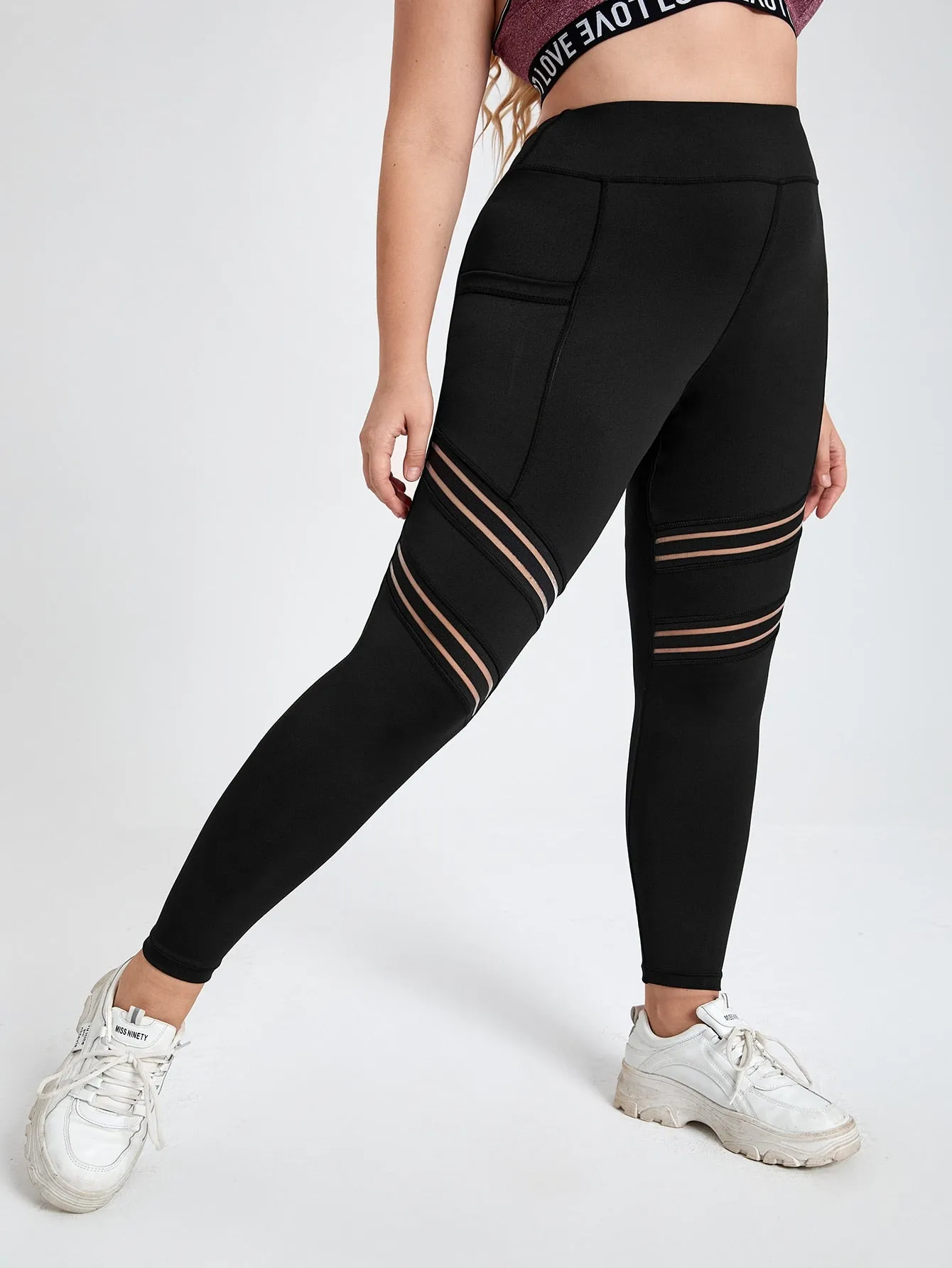 Plain Pocket High Waist Cropped Plus Size Sports Pants