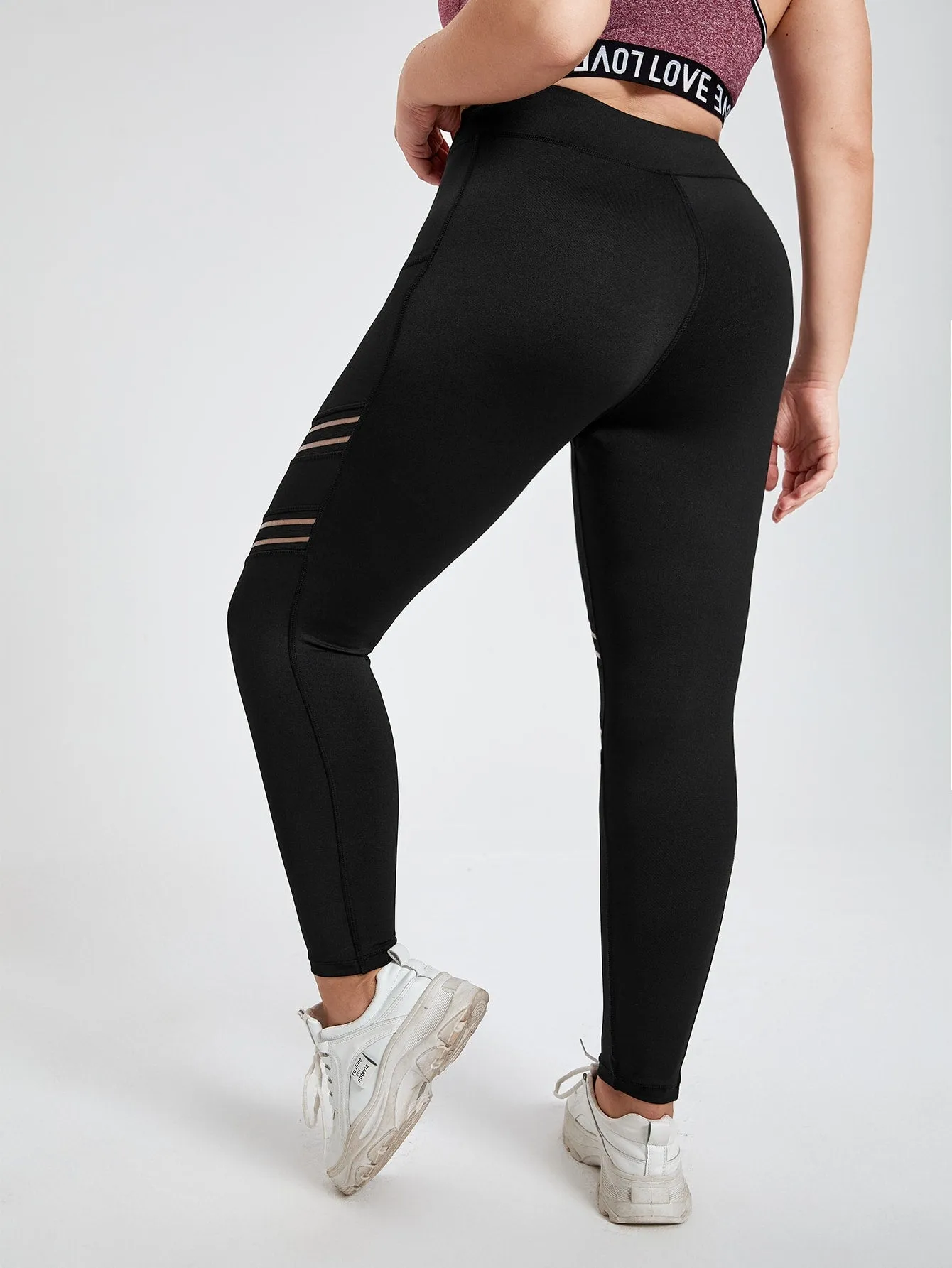 Plain Pocket High Waist Cropped Plus Size Sports Pants