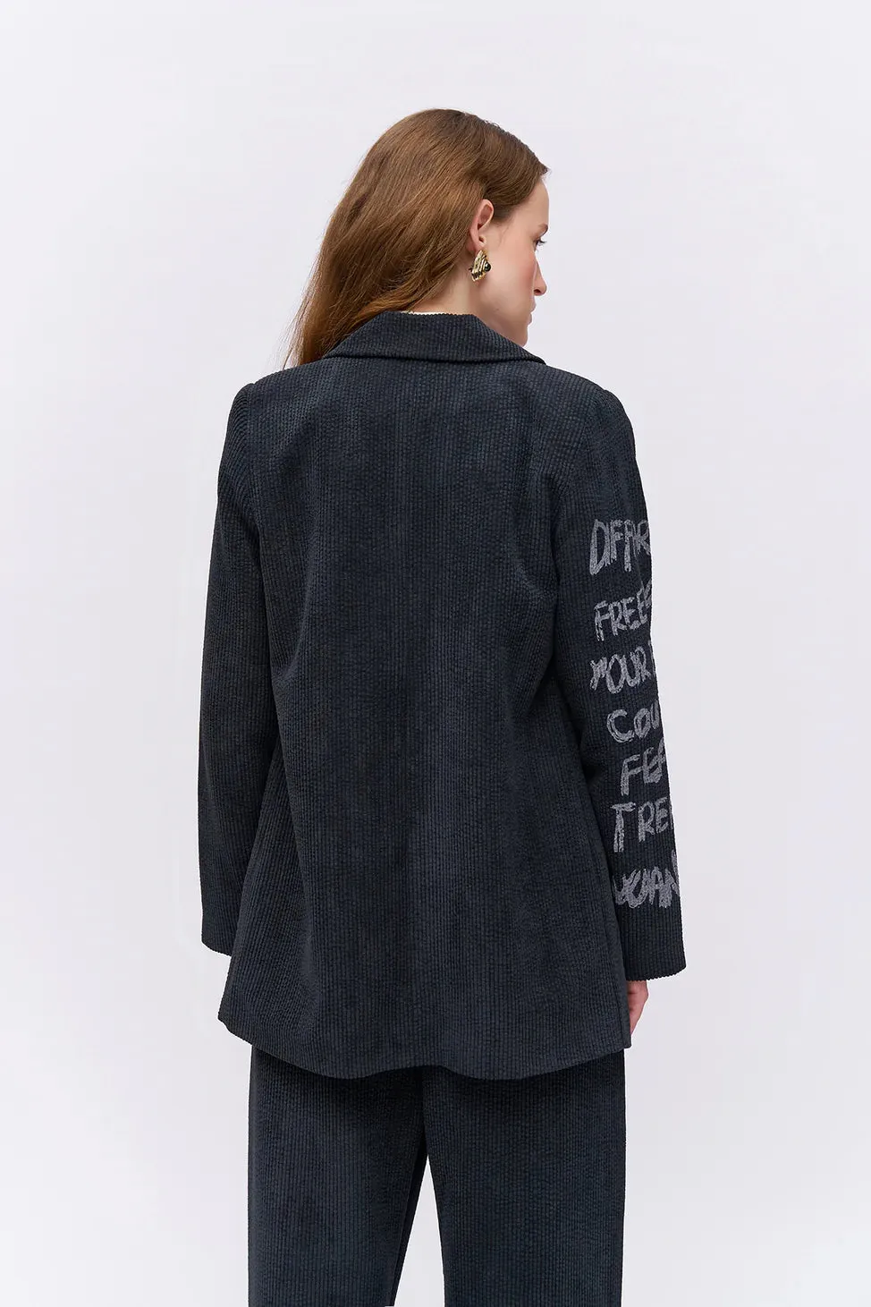 Printed Detailed Velvet Blazer Jacket Anthracite