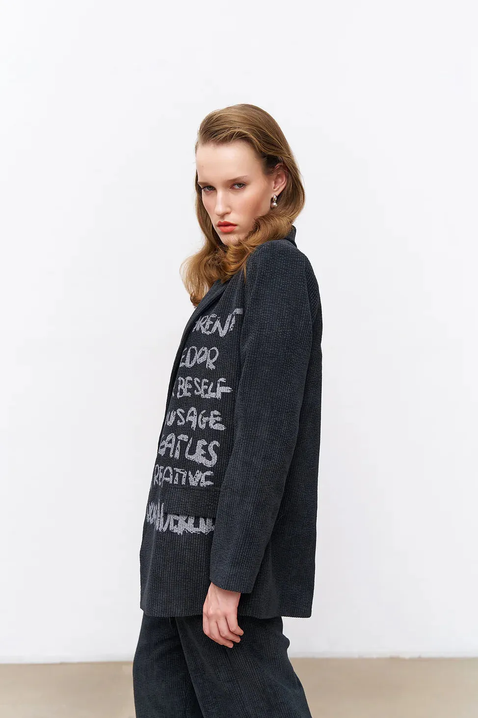 Printed Detailed Velvet Blazer Jacket Anthracite