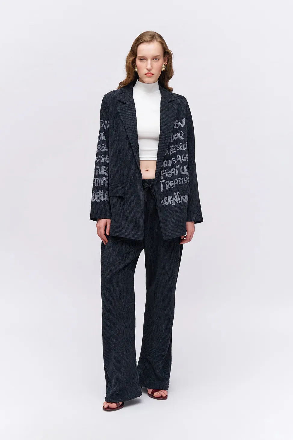Printed Detailed Velvet Blazer Jacket Anthracite