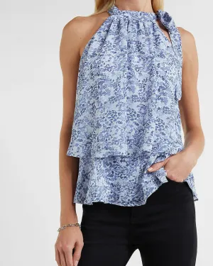 Printed Tiered Halter Tank in Blue Print