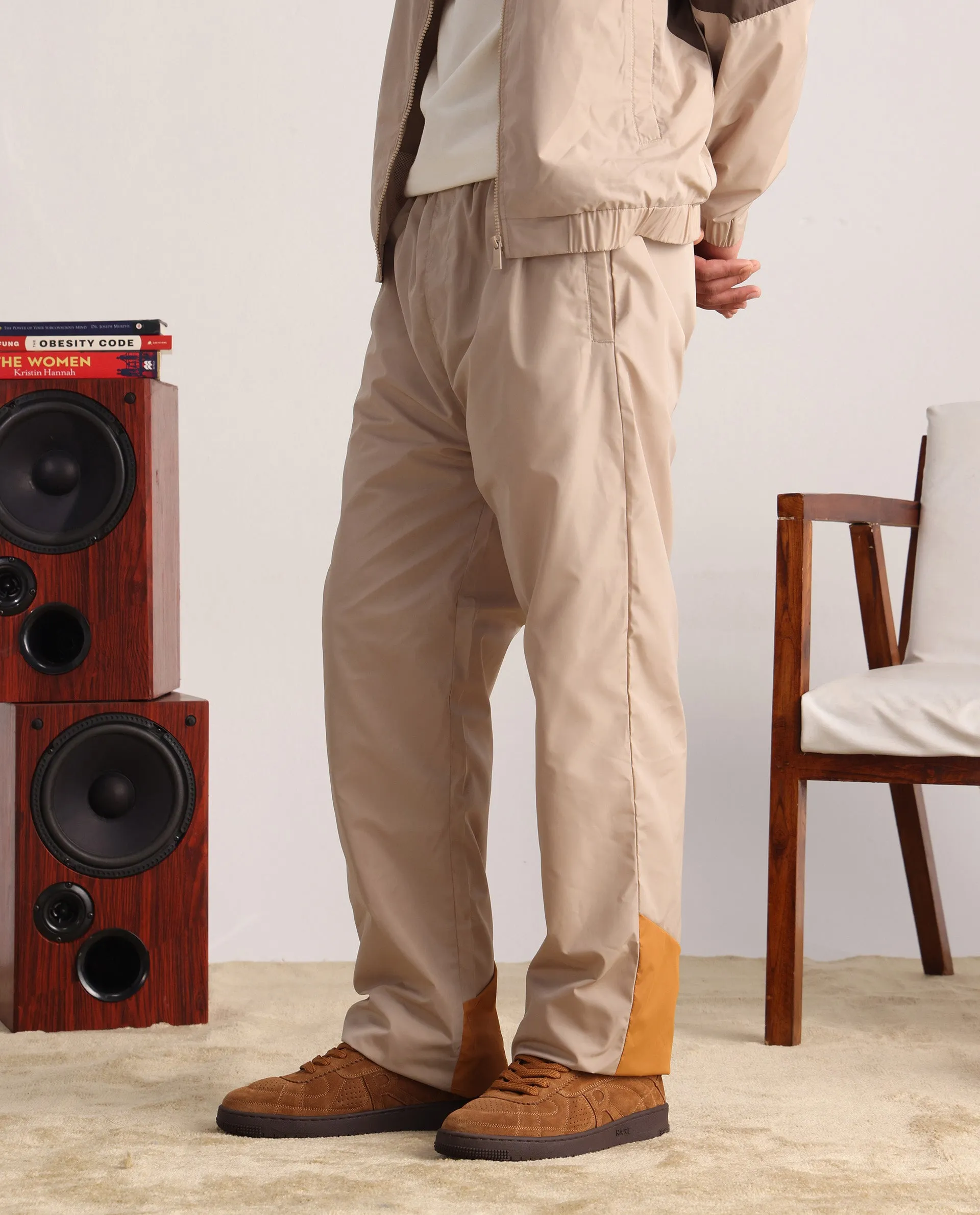 Rare Rabbit Men Malo-B Beige Polyester Fabric Elasticated Waistband Cut and Sew Trackpant