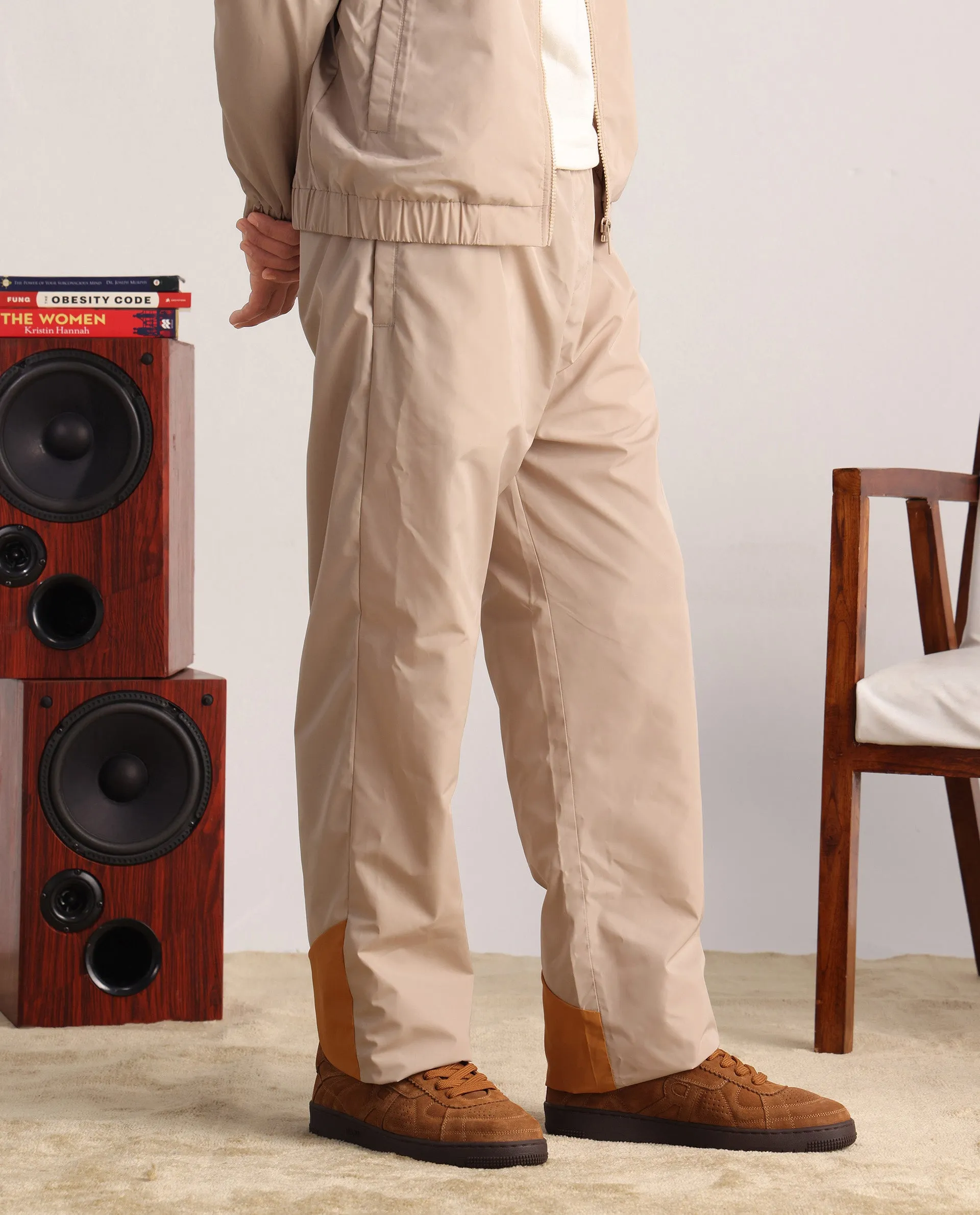 Rare Rabbit Men Malo-B Beige Polyester Fabric Elasticated Waistband Cut and Sew Trackpant