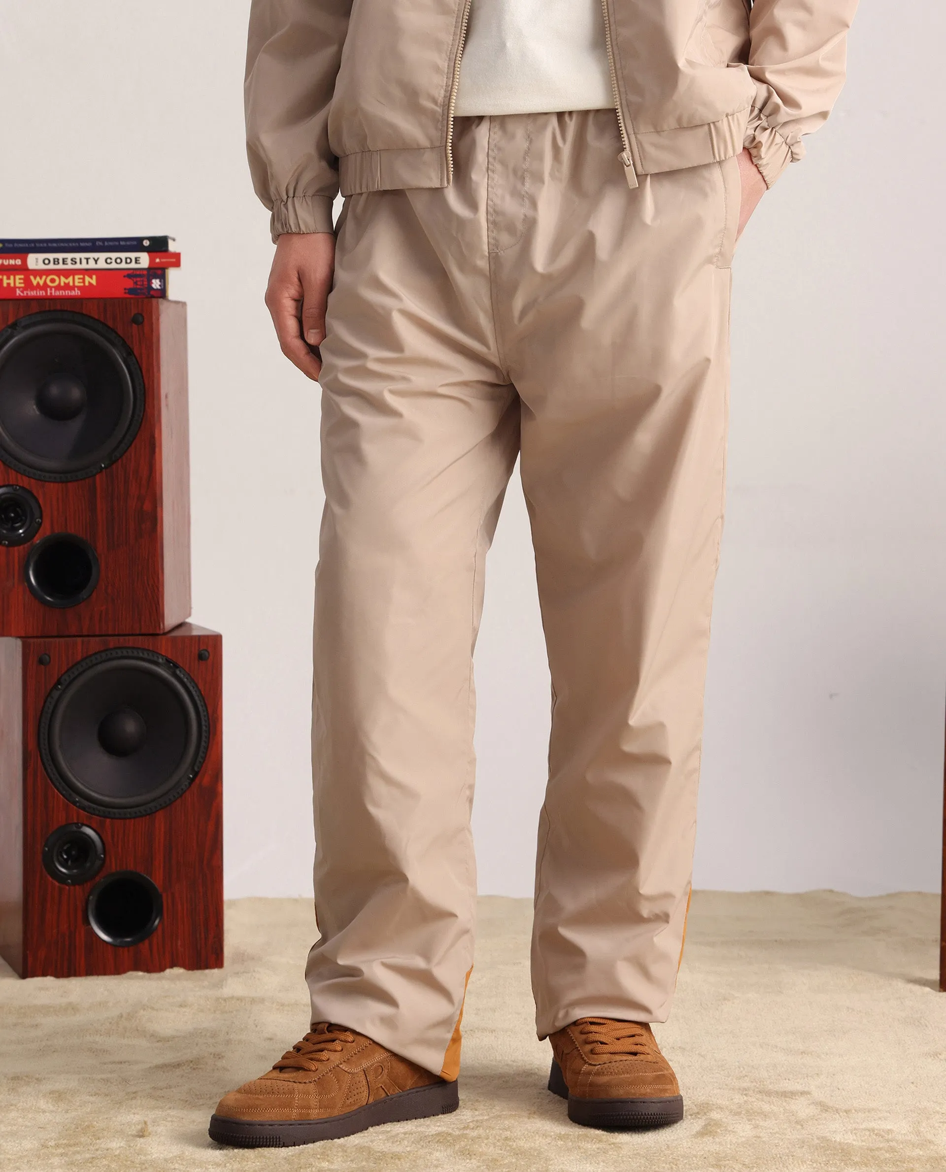 Rare Rabbit Men Malo-B Beige Polyester Fabric Elasticated Waistband Cut and Sew Trackpant