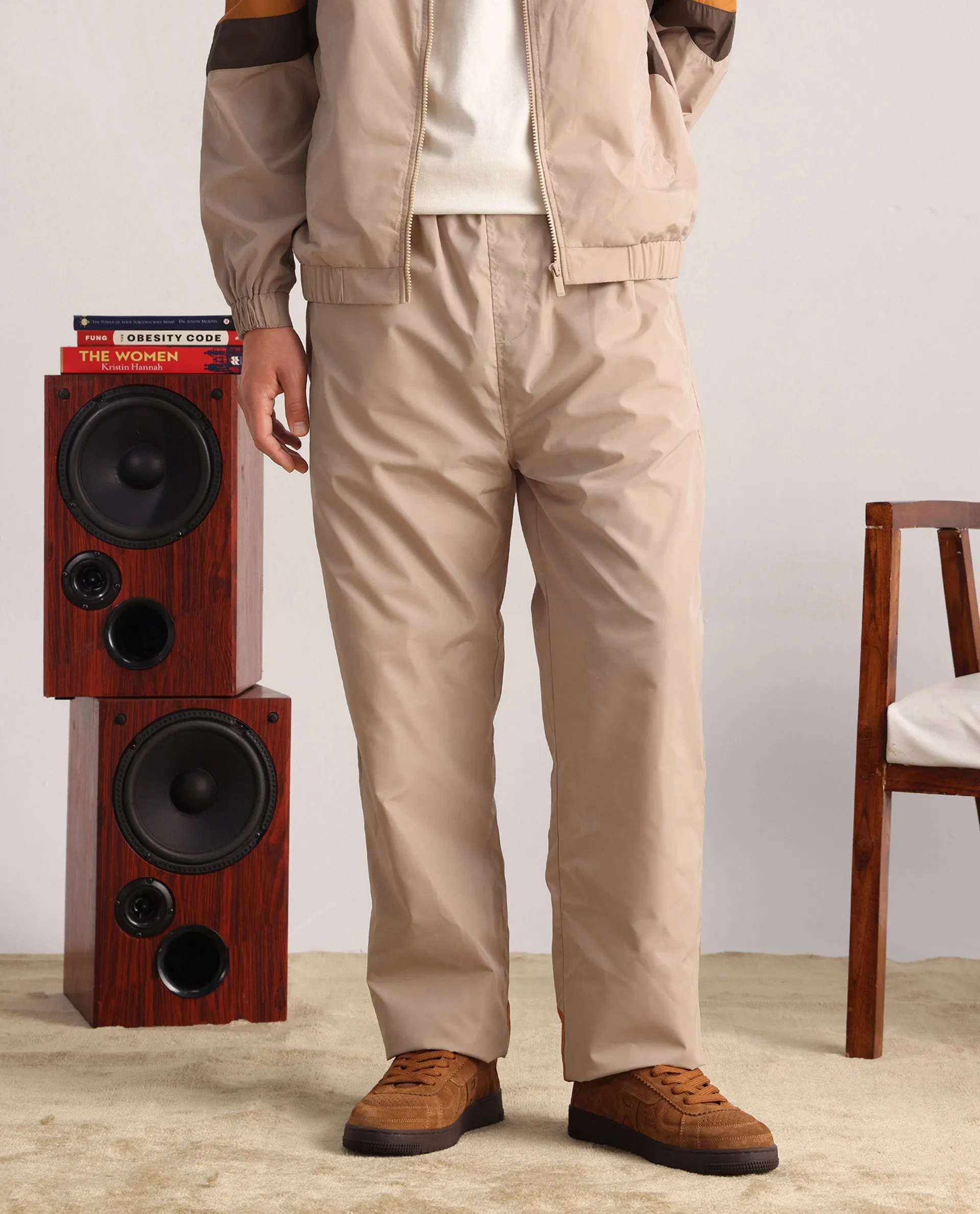 Rare Rabbit Men Malo-B Beige Polyester Fabric Elasticated Waistband Cut and Sew Trackpant