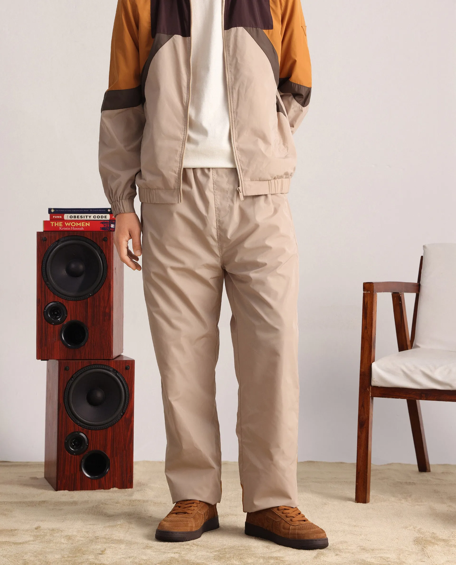 Rare Rabbit Men Malo-B Beige Polyester Fabric Elasticated Waistband Cut and Sew Trackpant