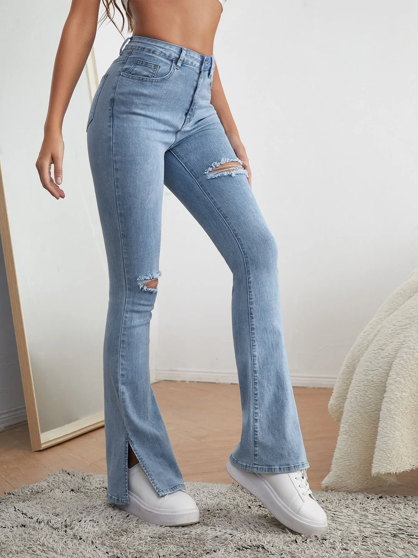 Ripped Flare Leg Jeans with High Waist